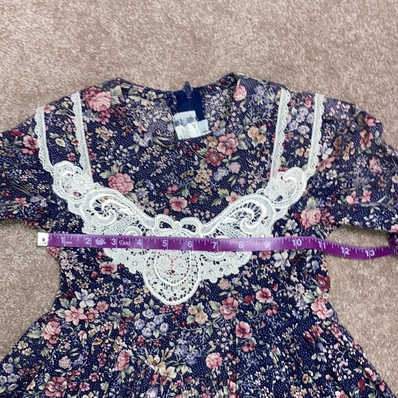 Jessica McClintock Gunne Sax navy floral lace collar double bow dress size 5 - Picture 6 of 10